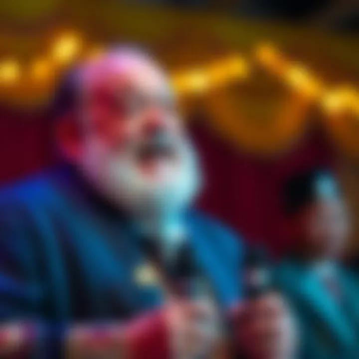 Close-up of King Billy delivering a stand-up comedy routine showcasing his cultural storytelling