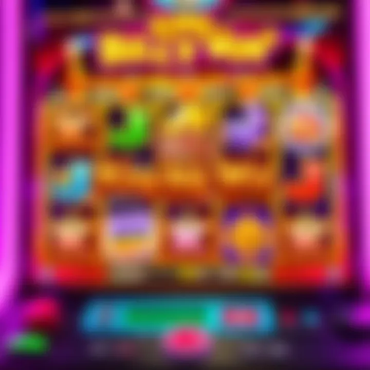 Colorful online slot game interface with vibrant symbols and spinning reels
