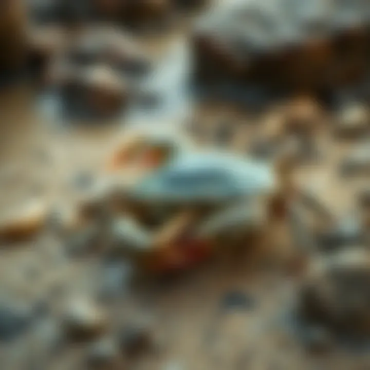 Mud crab with dark greenish shell resting on sandy coastal rocks by tidal waters