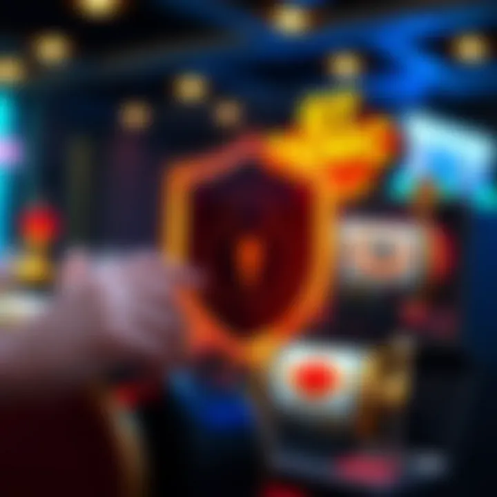 Graphic showing secure digital transaction icons with casino-themed symbols like cards and reels