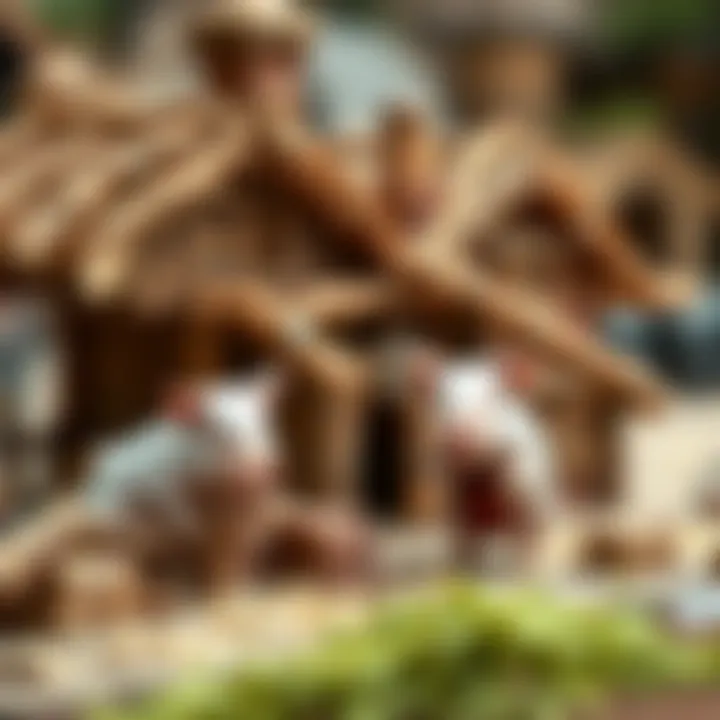 Illustration of the Three Little Pigs building houses with straw, sticks, and bricks