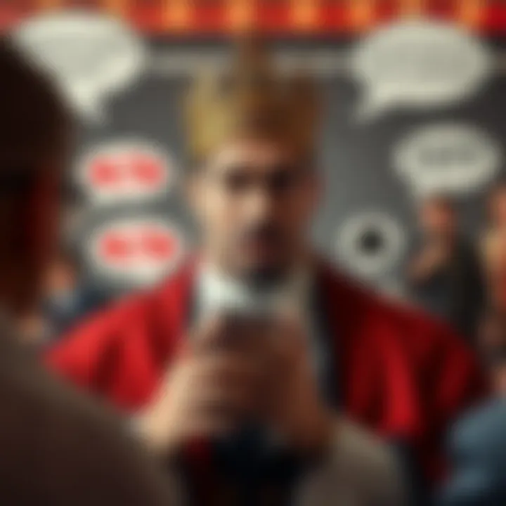 Conceptual artwork depicting cultural debate with speech bubbles and contrasting symbols