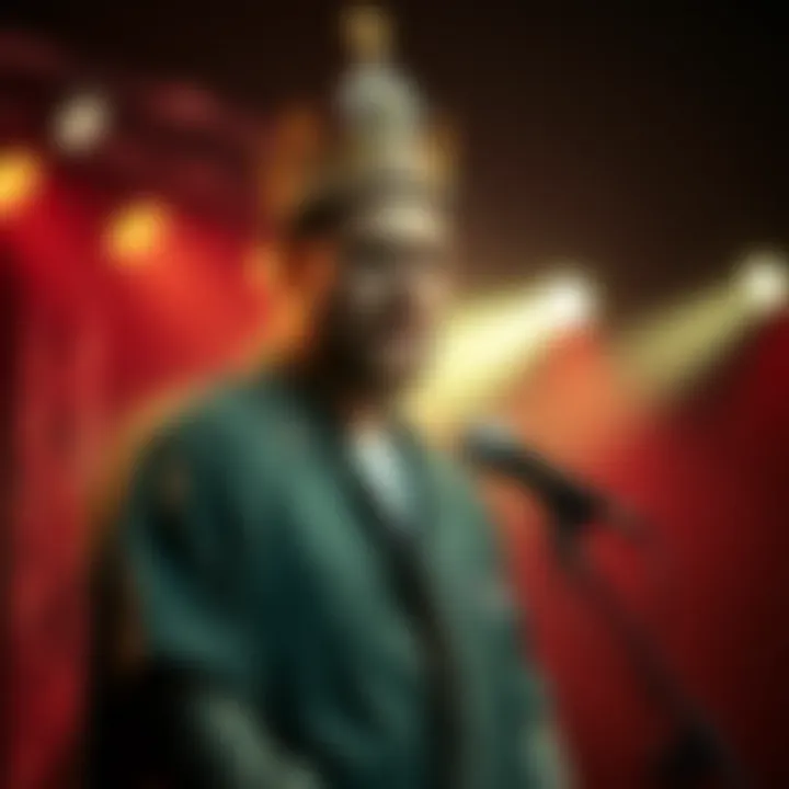 Portrait of King Billy Cokebottle performing on stage with a microphone