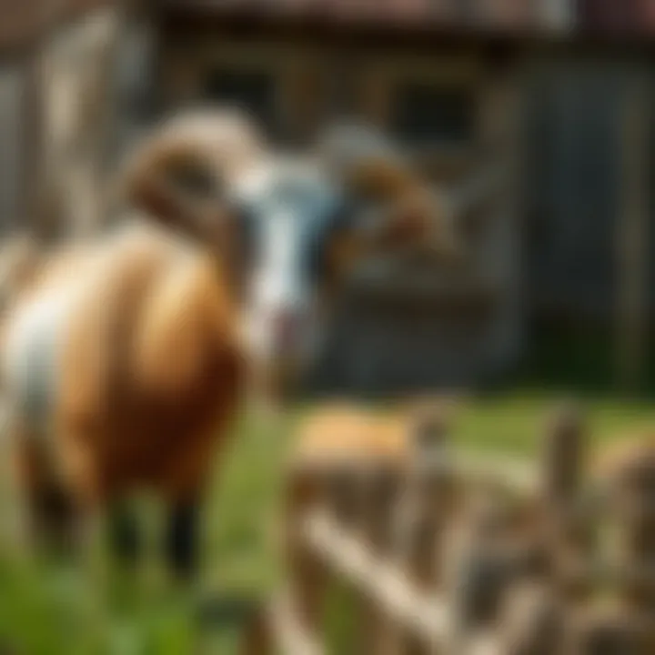 Close-up of King Billy goat grazing with a rustic barn in the background