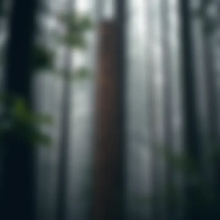 King Billy pine tree standing tall in a misty Tasmanian forest highlighting its bark texture and conical shape