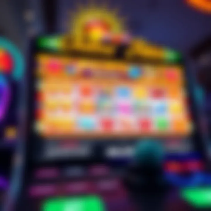 Colorful online pokies game screen displaying various symbols and reels