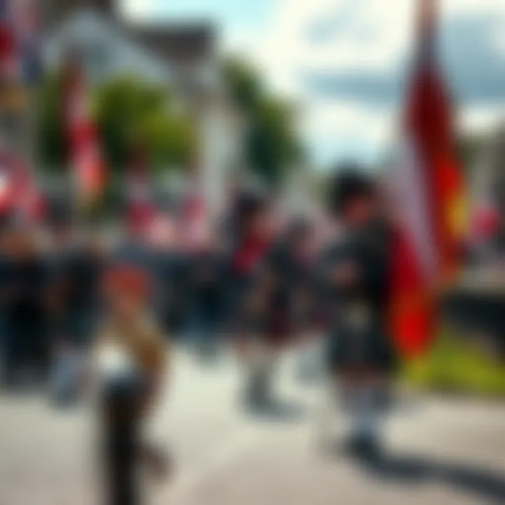 Traditional parade with flags and pipes celebrating a historical figure in a lively outdoor setting