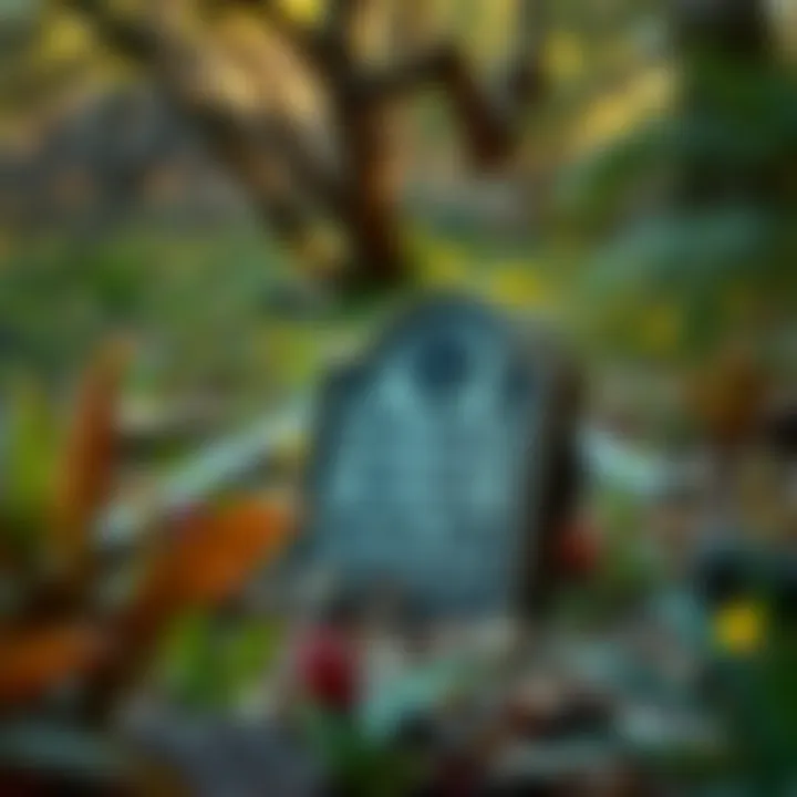 Historic grave marker surrounded by greenery and native Australian flora