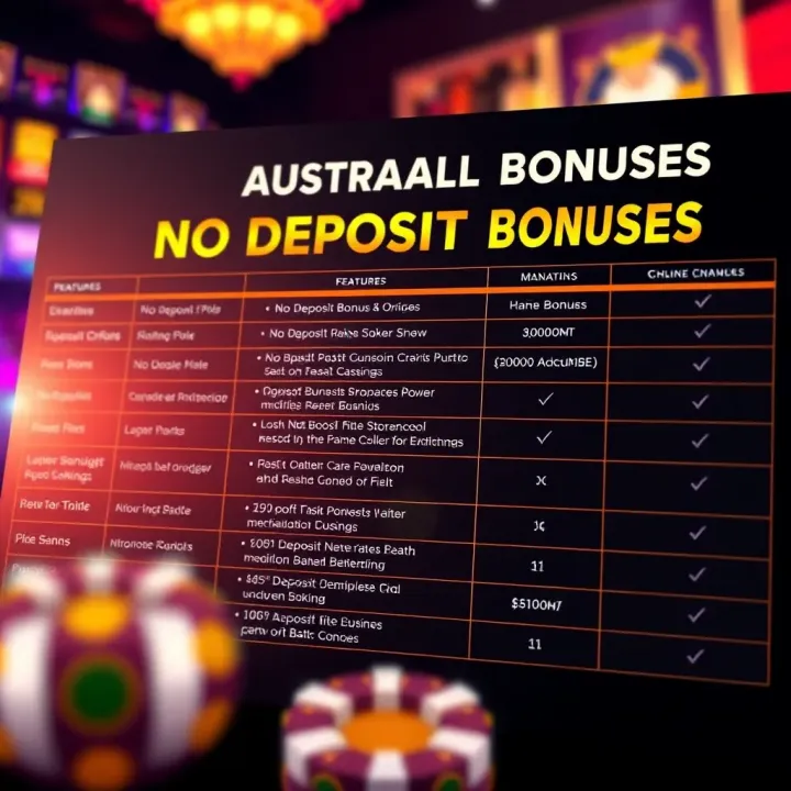Comparison chart highlighting key features and benefits of no deposit bonuses at various online casinos