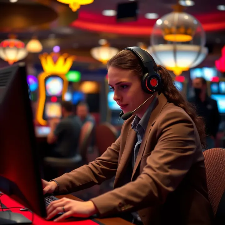 Customer support representative assisting a player via headset in a casino environment