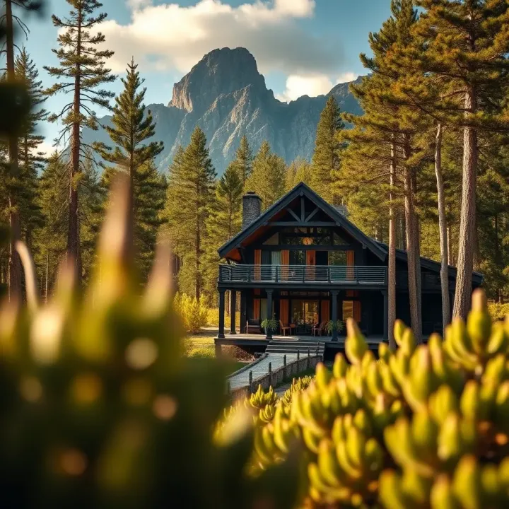 Exterior view of Cradle Mountain Lodge nestled in wilderness surrounded by tall trees and mountain peaks