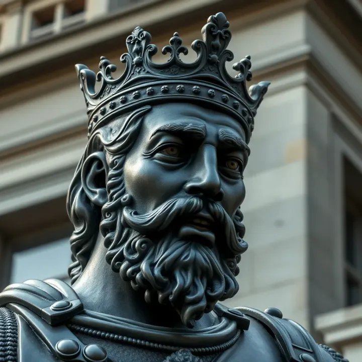 Close-up of the detailed features of the King Billy statue showing the craftsmanship of the sculpted bronze