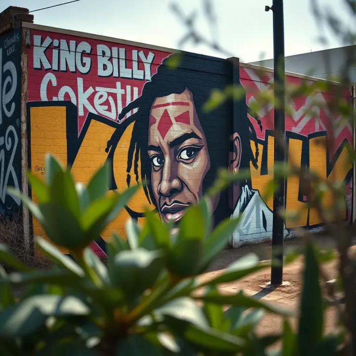 Graffiti Mural Highlighting Indigenous Themes in Australian Hip-Hop Graffiti mural depicting King Billy Cokebottle symbolizing Indigenous representation in Australian hip-hop