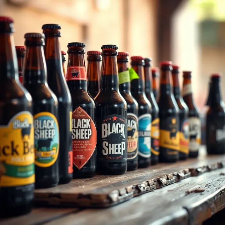 A variety of Black Sheep beer bottles arranged on a rustic wooden table highlighting their distinct labels