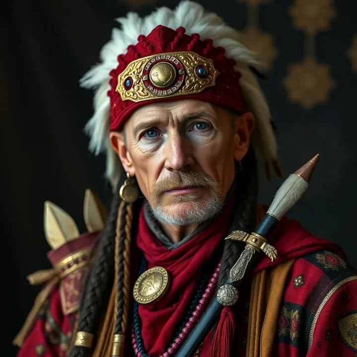 Portrait illustration of Land King Billy highlighting traditional attire and symbolic elements
