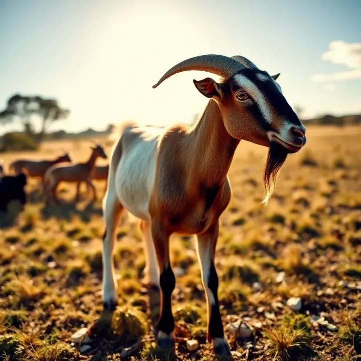 Goat in Australian Landscape Symbolizing Folklore Goat standing in a sunlit Australian rural landscape highlighting folklore symbolism