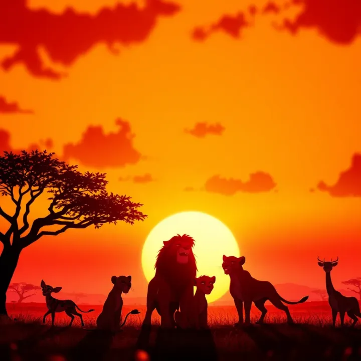 The Lion King’s Iconic Sunset Scene A vibrant scene of The Lion King characters silhouetted against a sunset in the African savanna