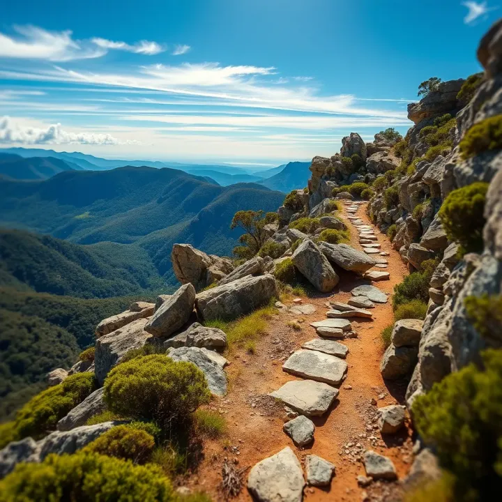 View of rocky Bluff Track trail winding through rugged Tasmanian wilderness with panoramic mountain vistas