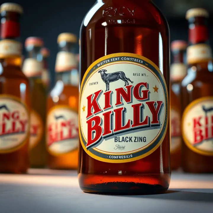 Close-up of a King Billy beer bottle showcasing its amber color and intricate label design