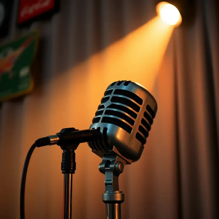Australian Comedy and Cultural Dialogue Vintage microphone with spotlight symbolizing Australian comedy scene