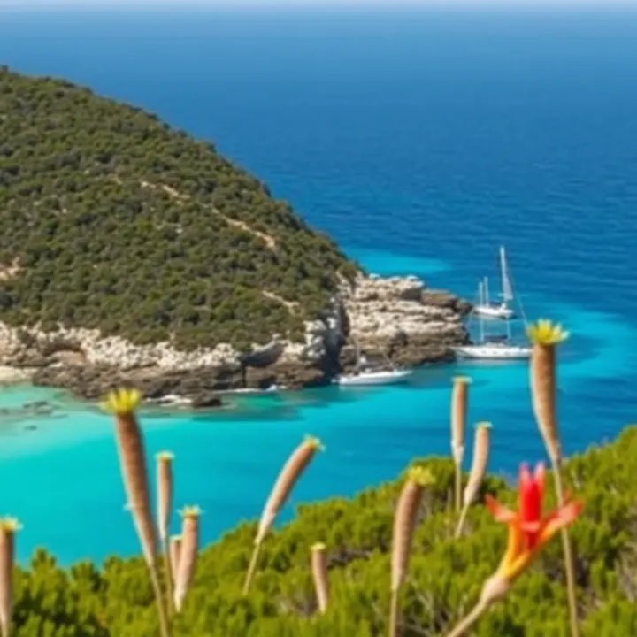 Lush green vegetation and rocky shores of King Billy Island surrounded by clear blue water