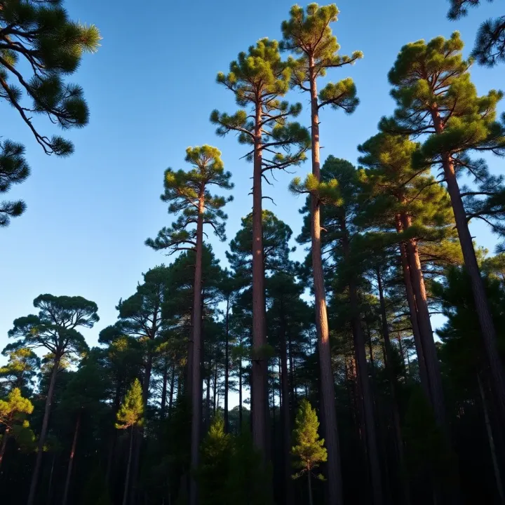 Ancient King Billy Pine Trees in Tasmanian Forest Ancient King Billy Pine trees towering in a dense Tasmanian forest under a clear sky