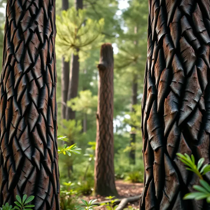 Close-up of unique King Billy pine trees with textured bark surrounded by lush green foliage