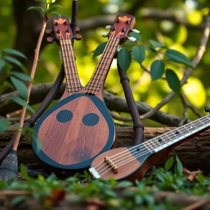 Traditional Instruments in Indigenous Music Traditional musical instruments used in Australian Indigenous songs, set against a natural backdrop