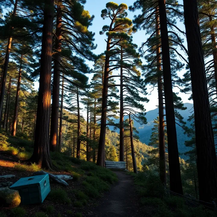 View of rugged wilderness with towering ancient King Billy pine trees along a forest trail