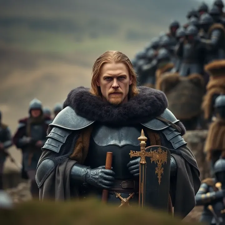 Billy Howle as Robert the Bruce dressed in medieval armor on a rugged battlefield