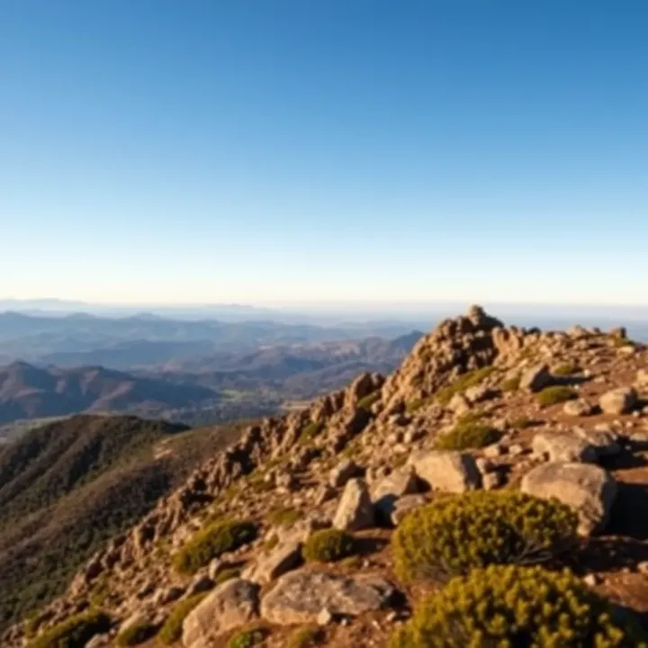 Panoramic view from Mt Magdala summit showcasing rugged terrain and distant hills