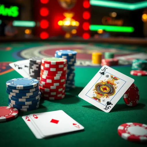 Colorful casino chips and playing cards on a green felt table representing online gambling bonuses
