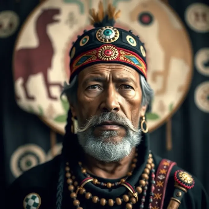 Historic portrait of King Billy, an Indigenous Australian leader, set against a backdrop of traditional symbols