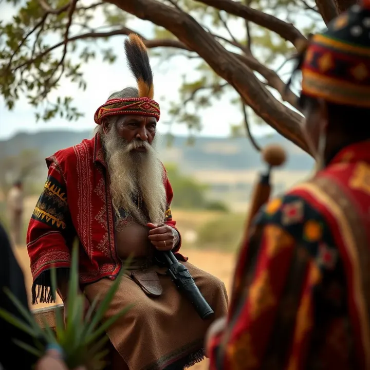 King Billy: Aboriginal Elder Sharing Cultural Wisdom King Billy, an Aboriginal elder, speaking to a group in a natural outdoor setting reflecting cultural traditions