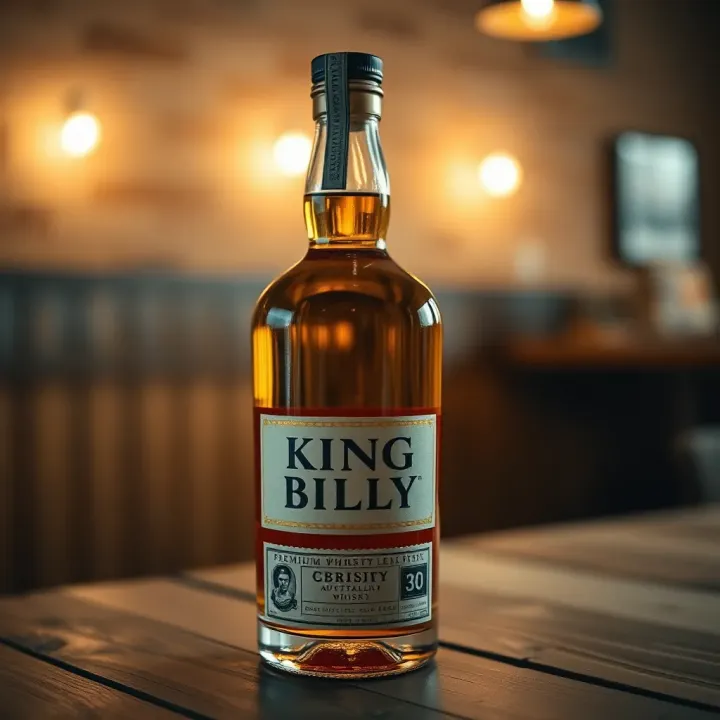 King Billy Australian Whisky Bottle on Wooden Table Close-up of a premium Australian whisky bottle with amber liquid inside on a wooden surface