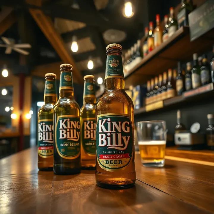 King Billy Beer in Traditional Australian Pub Setting Rustic Australian pub scene with King Billy Beer bottles on wooden table