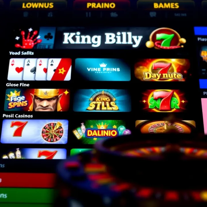 King Billy Casino Australia Game Selection Overview Online casino interface showing diverse game selection with poker, slots, and roulette