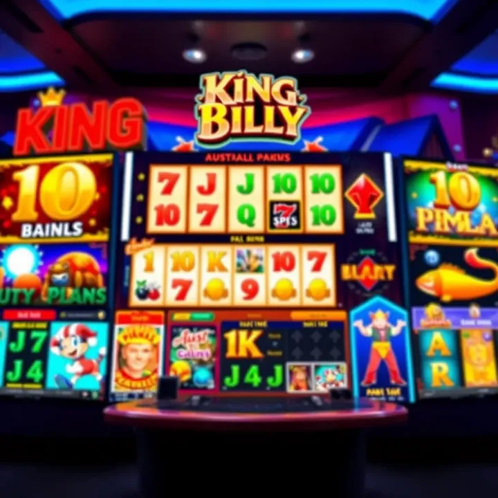 King Billy Casino Australian Gaming Interface Colorful online casino interface showcasing slot and table games with Australian themed elements