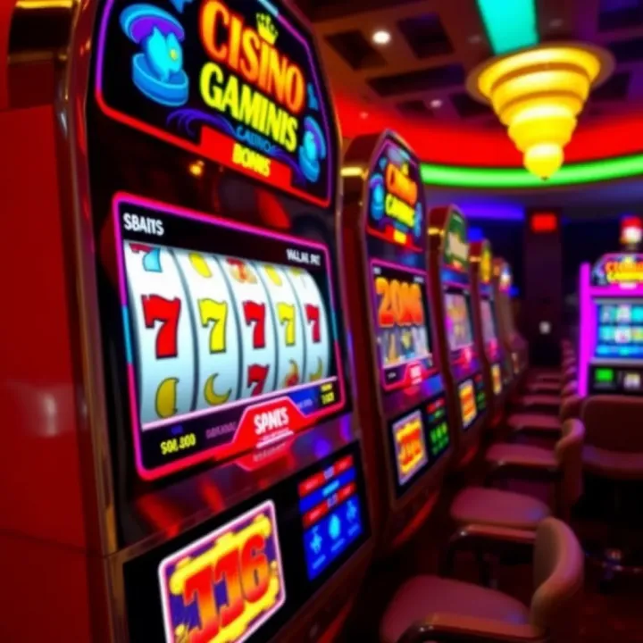 Bright casino slot machine with bonus symbols and a digital display
