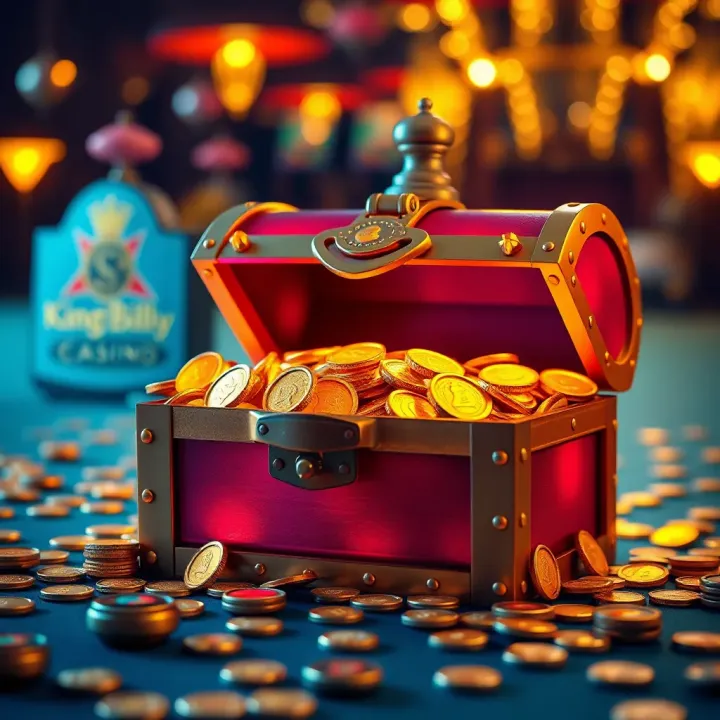 Unlocking Rewards with King Billy Casino Bonus Codes Glowing treasure chest filled with golden coins representing rewards from casino bonus codes