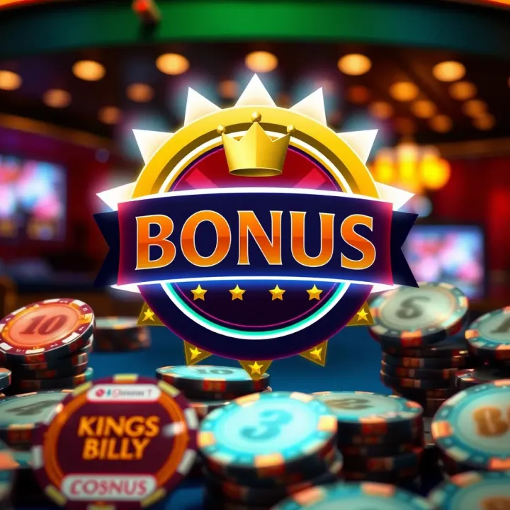 King Billy Casino Bonus Rewards and Promotions Illustration of a glowing bonus badge with casino tokens symbolizing promotional rewards