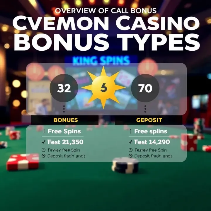 Overview of Common Casino Bonus Types at King Billy Graphic showing various types of casino bonuses including free spins and deposit matches
