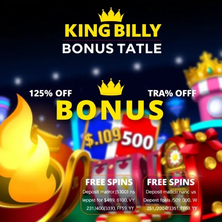 Overview of Bonus Types Available at King Billy Casino Visual representation of various casino bonuses including free spins and deposit matches