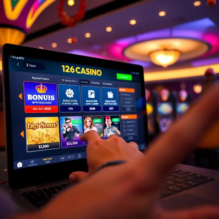 King Billy Casino Bonuses and Payment Methods Display User interacting with a digital casino platform showing bonus offers and payment options on screen