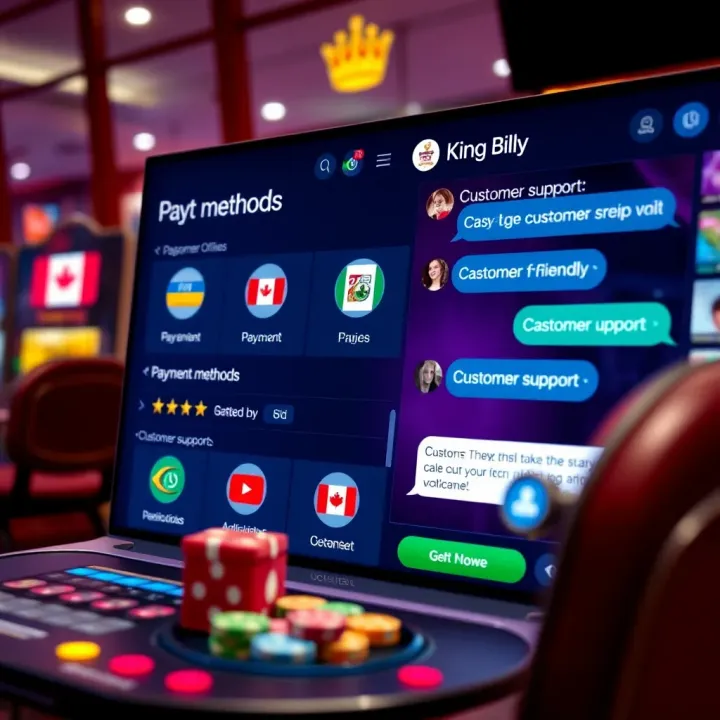 Payment Methods and Customer Service at King Billy Casino Digital payment icons highlighting Canadian-friendly options alongside customer support chat interface