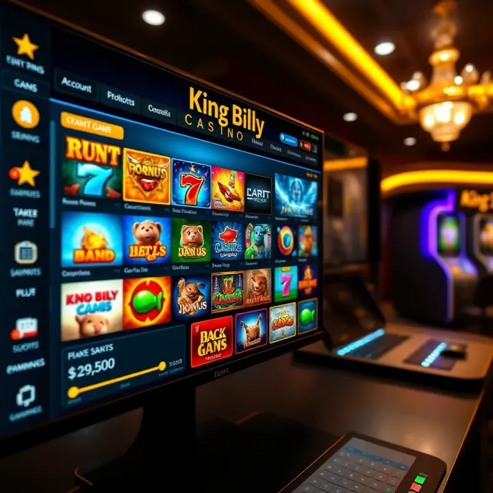 King Billy Casino Dashboard Featuring Game Variety and Account Details Interface displaying King Billy Casino dashboard with game selection and account balance