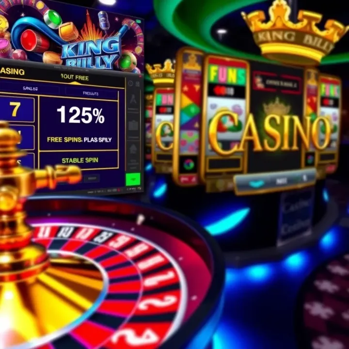 King Billy Casino Free Spin Codes and Casino Interface Graphic showing a digital casino interface with highlighted free spin codes and a spinning roulette wheel