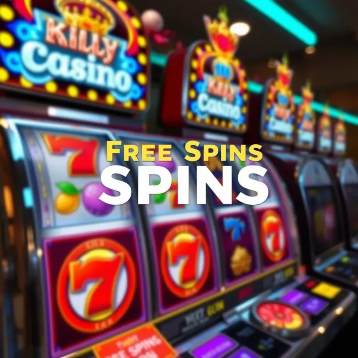 Slot machine with colorful symbols and spinning reels representing casino free spins offer