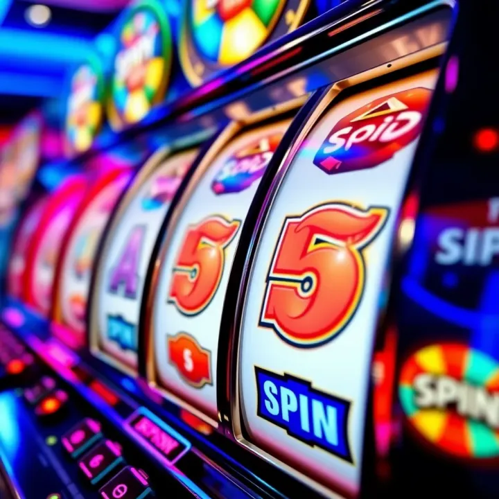 Exciting Slot Machine Reels Highlighting Free Spins Feature Bright casino slot machine reels showing spinning icons and jackpot lights