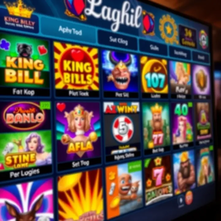 King Billy Casino Game Selection Overview Colorful online casino game interface with various slot game icons and vibrant graphics